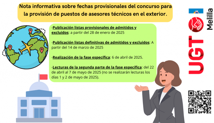 Nota informativa sobre fechas provisionales del concurso para la provisión de puestos de asesores técnicos y asesoras técnicas en el exterior.